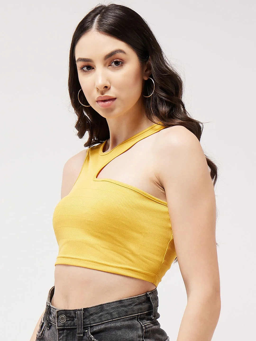 Solid Asymmetric Cut-Out Rib Crop Top