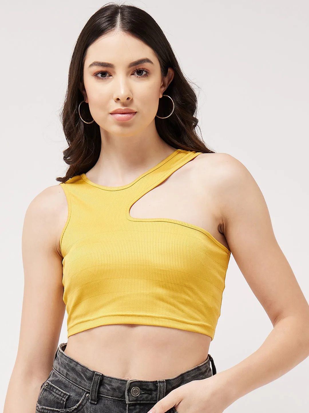 Solid Asymmetric Cut-Out Rib Crop Top