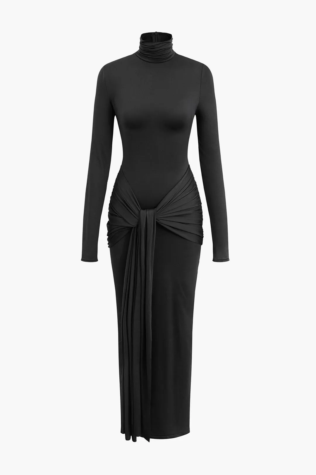 Solid Color Wrap Ruched High Neck Long Sleeve Maxi Dress