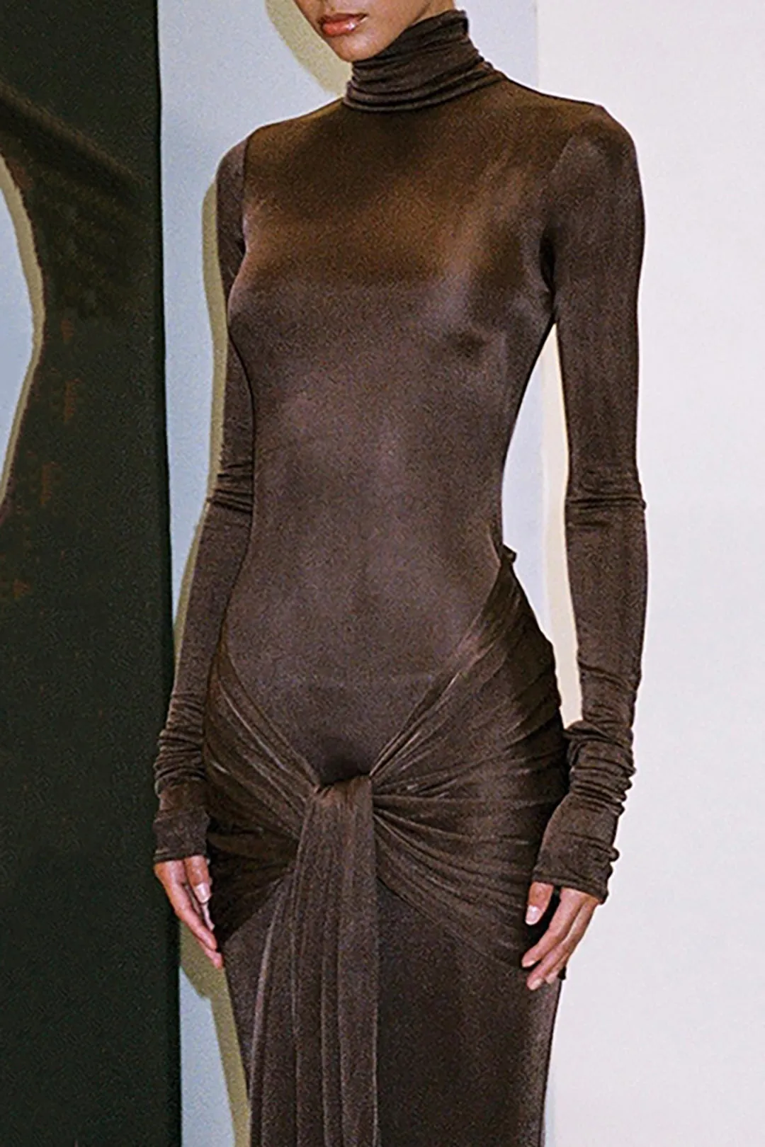 Solid Color Wrap Ruched High Neck Long Sleeve Maxi Dress