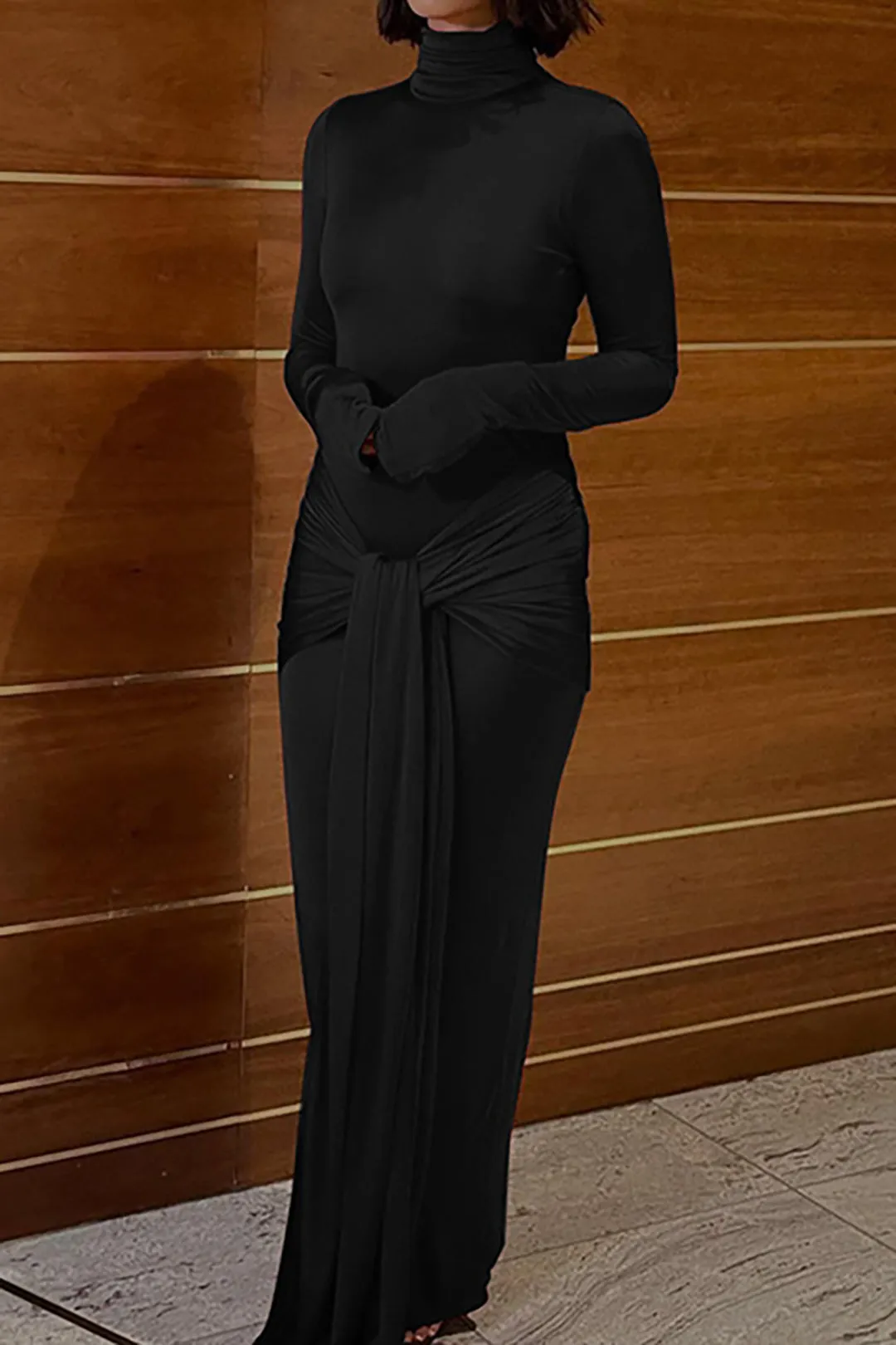 Solid Color Wrap Ruched High Neck Long Sleeve Maxi Dress