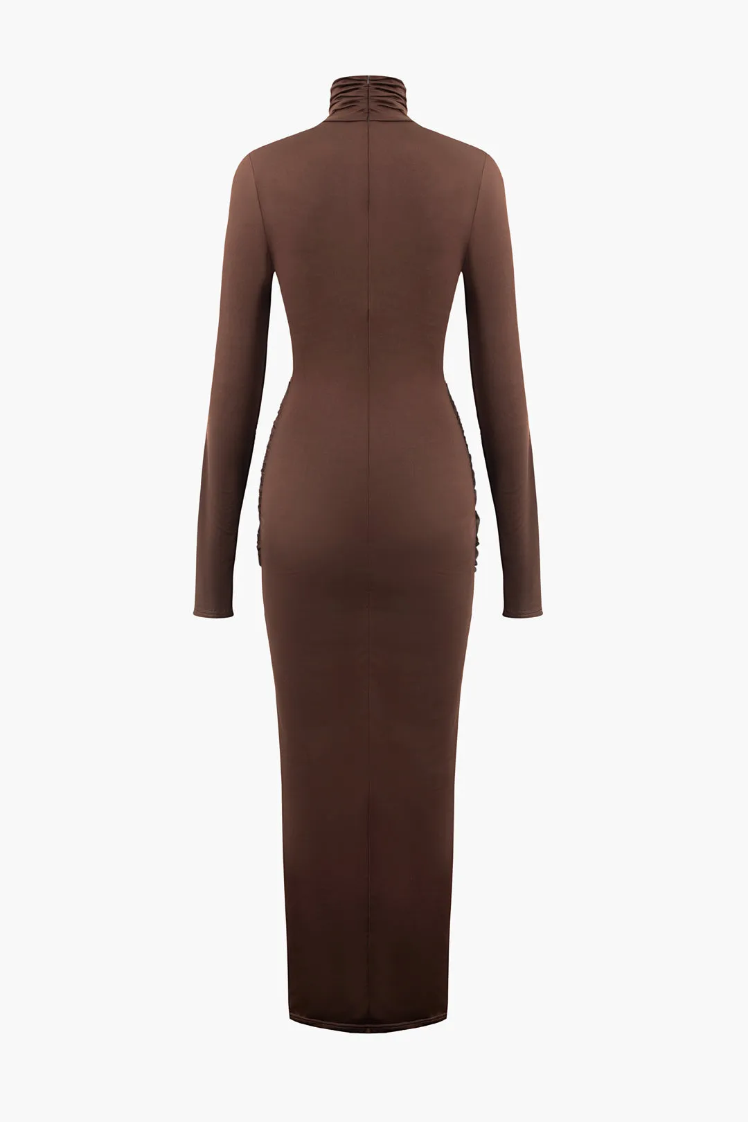 Solid Color Wrap Ruched High Neck Long Sleeve Maxi Dress