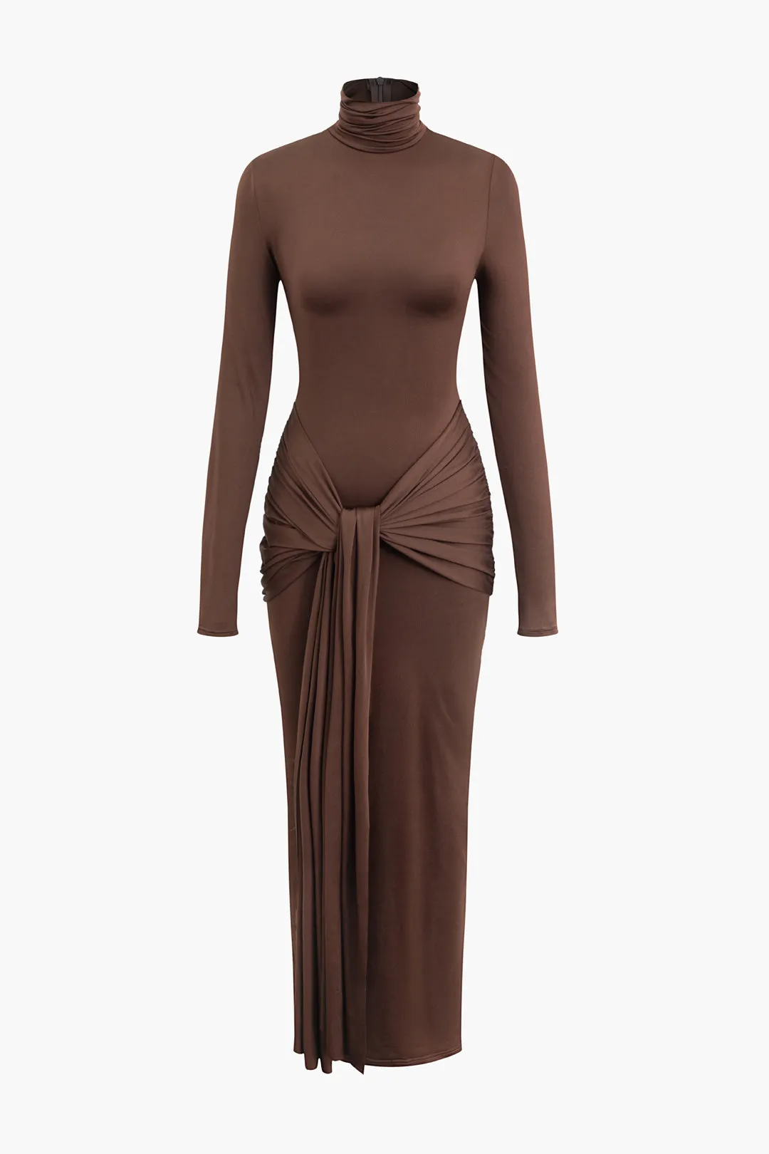 Solid Color Wrap Ruched High Neck Long Sleeve Maxi Dress