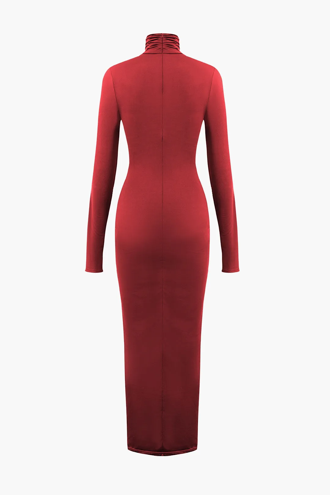 Solid Color Wrap Ruched High Neck Long Sleeve Maxi Dress