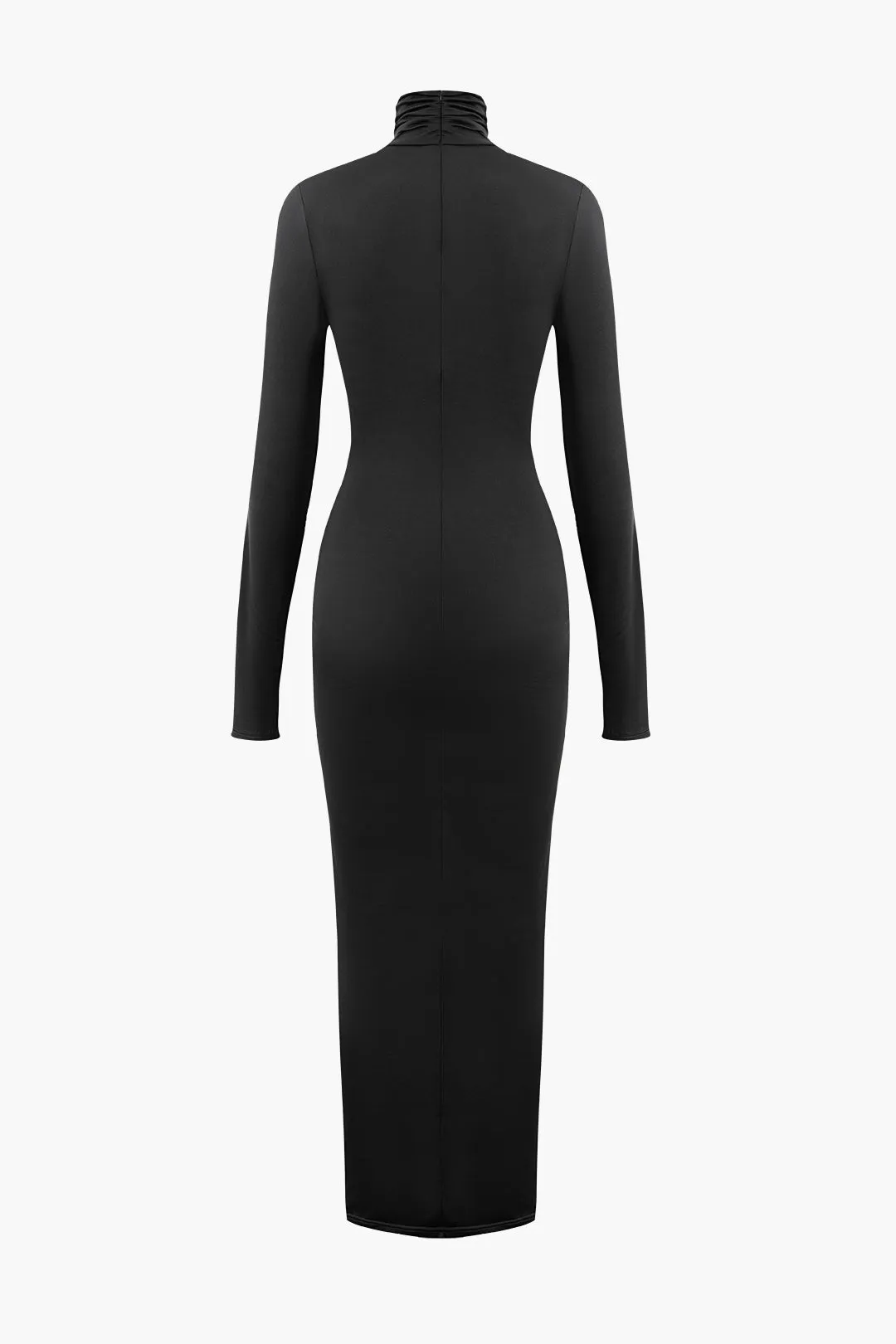 Solid Color Wrap Ruched High Neck Long Sleeve Maxi Dress