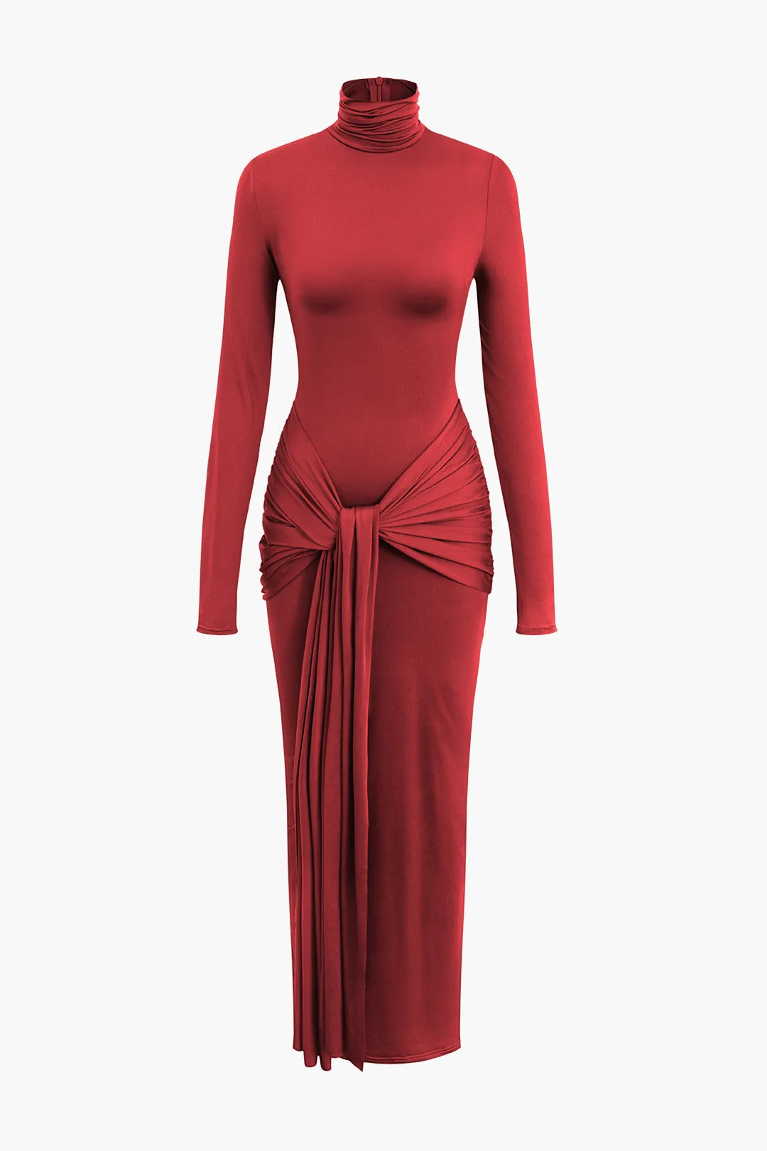 Solid Color Wrap Ruched High Neck Long Sleeve Maxi Dress