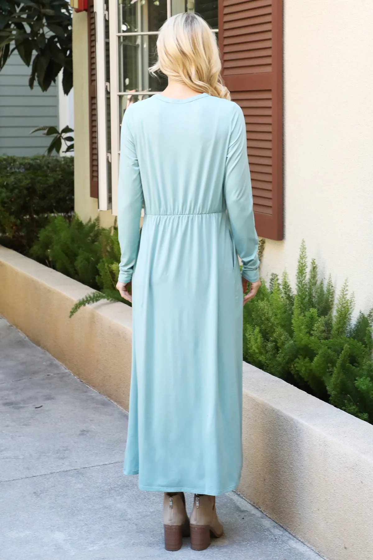 Solid Quarter Sleeve Elastic Waist Dress