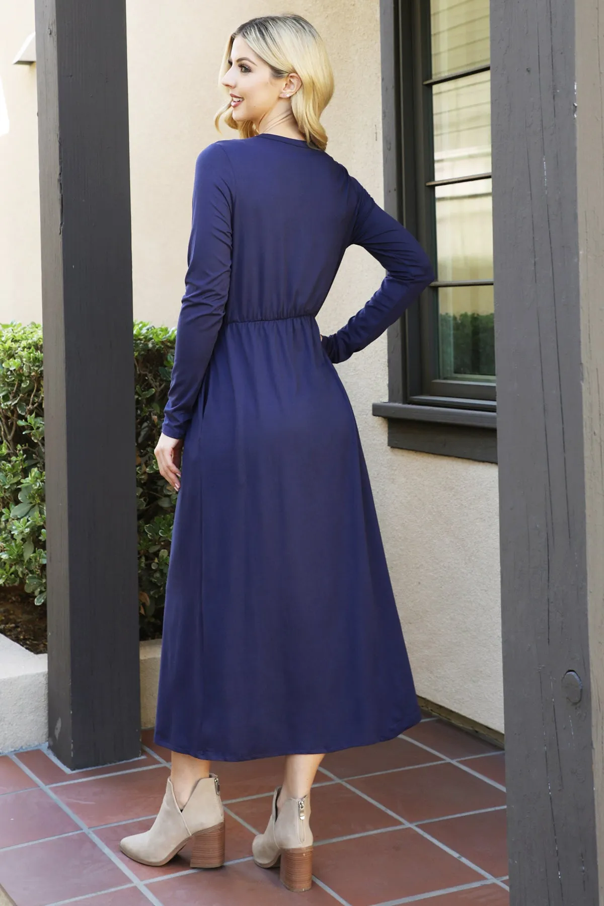 Solid Quarter Sleeve Elastic Waist Dress