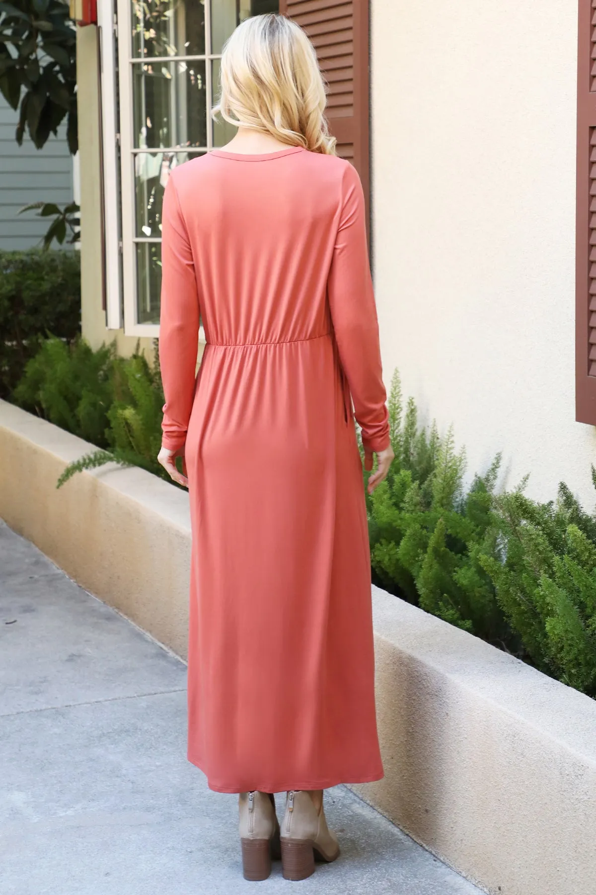 Solid Quarter Sleeve Elastic Waist Dress