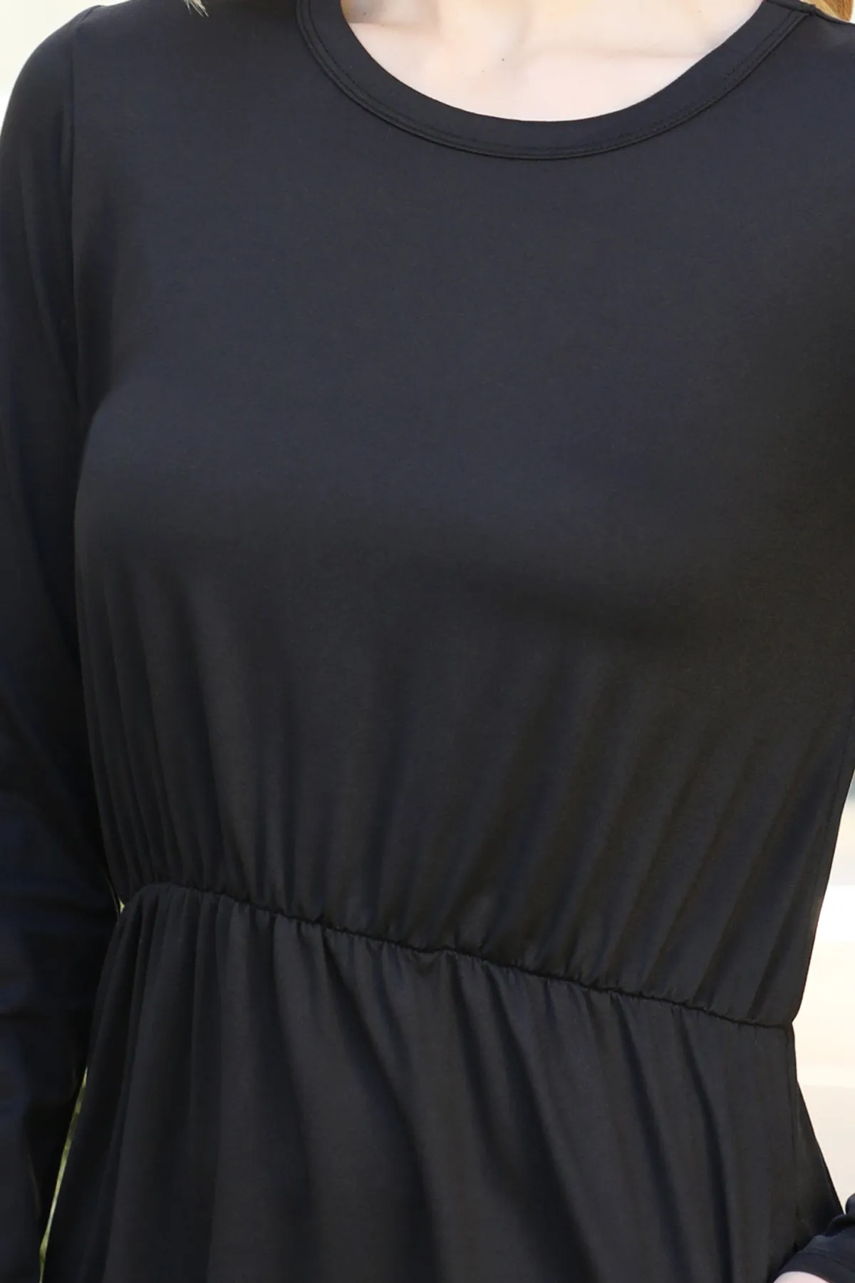 Solid Quarter Sleeve Elastic Waist Dress