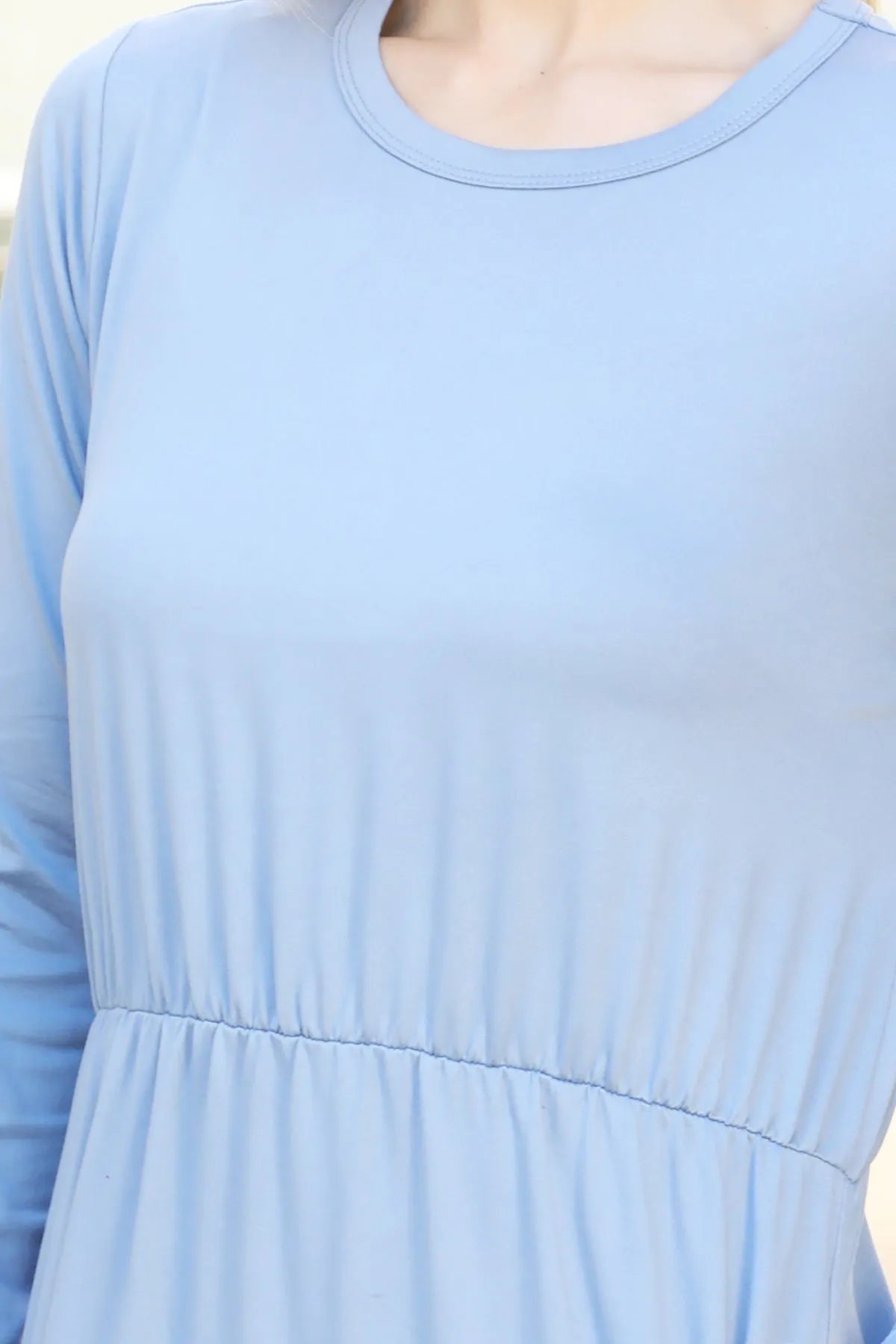 Solid Quarter Sleeve Elastic Waist Dress