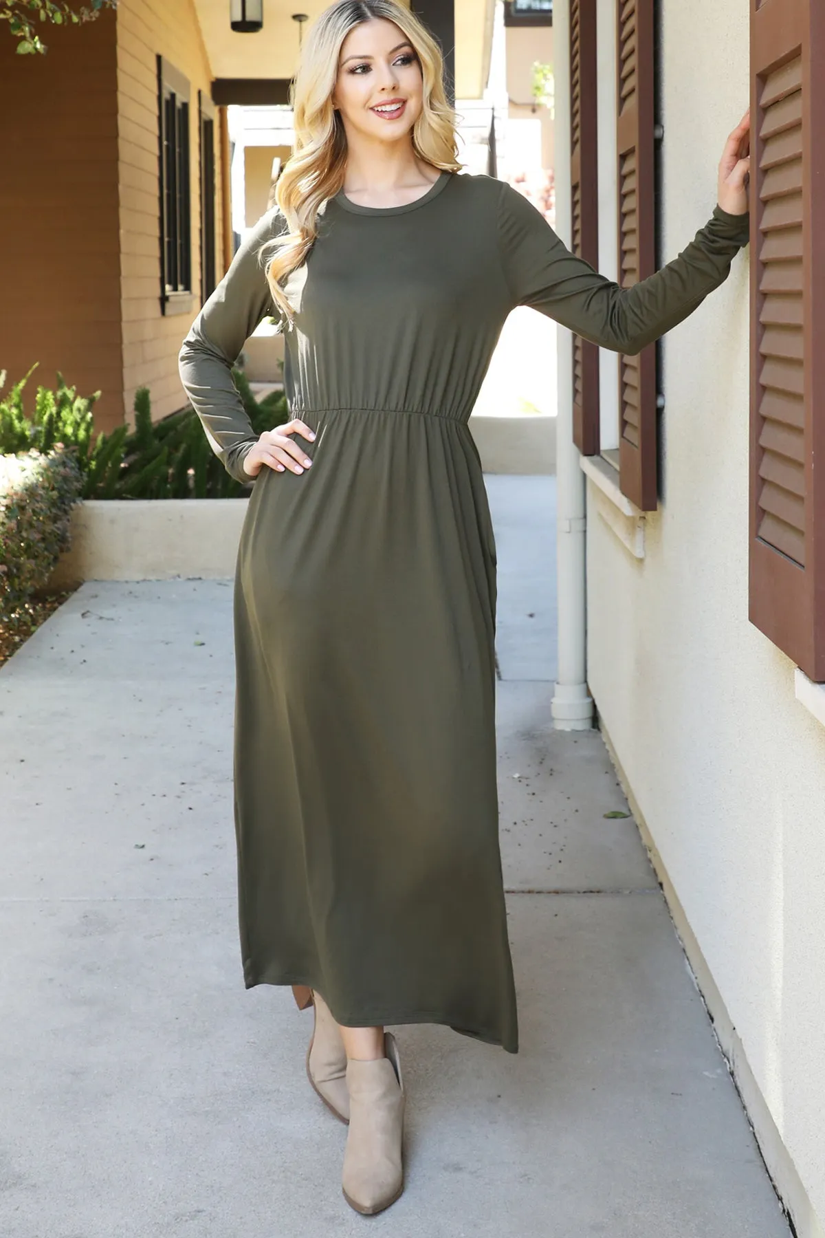 Solid Quarter Sleeve Elastic Waist Dress