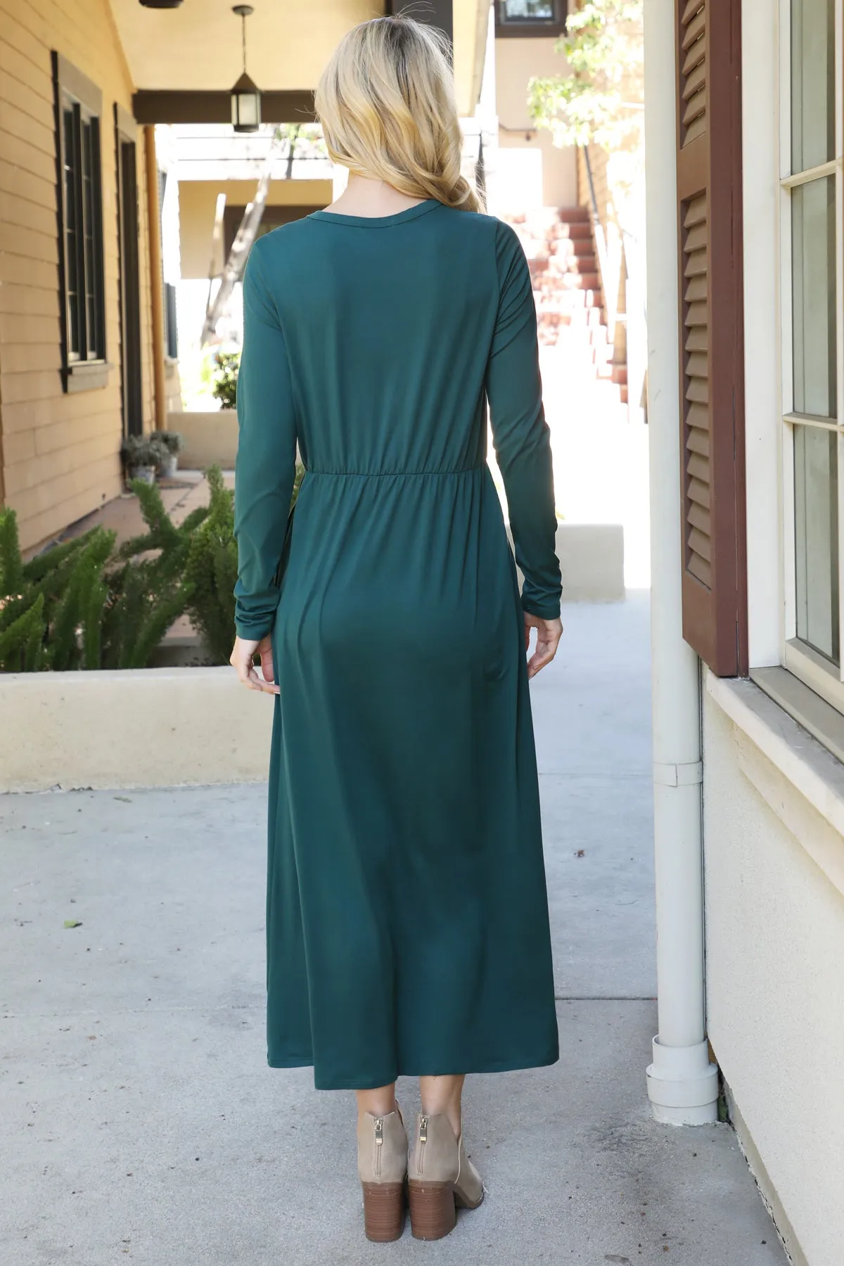 Solid Quarter Sleeve Elastic Waist Dress