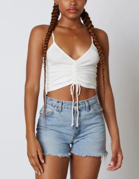 Spaghetti Strap Ruched Tie Crop Top