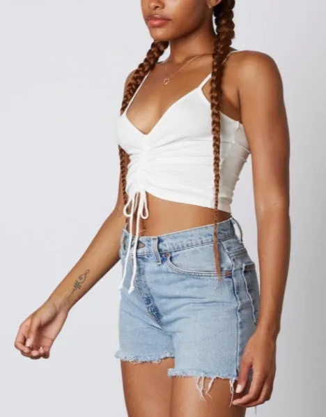 Spaghetti Strap Ruched Tie Crop Top
