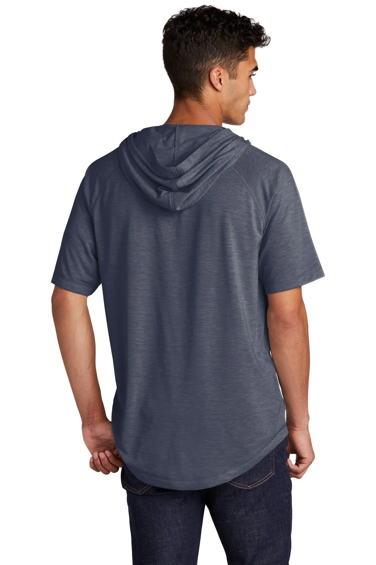 Sport-Tek  PosiCharge  Tri-Blend Wicking Short Sleeve Hoodie. ST404 True Navy Heather