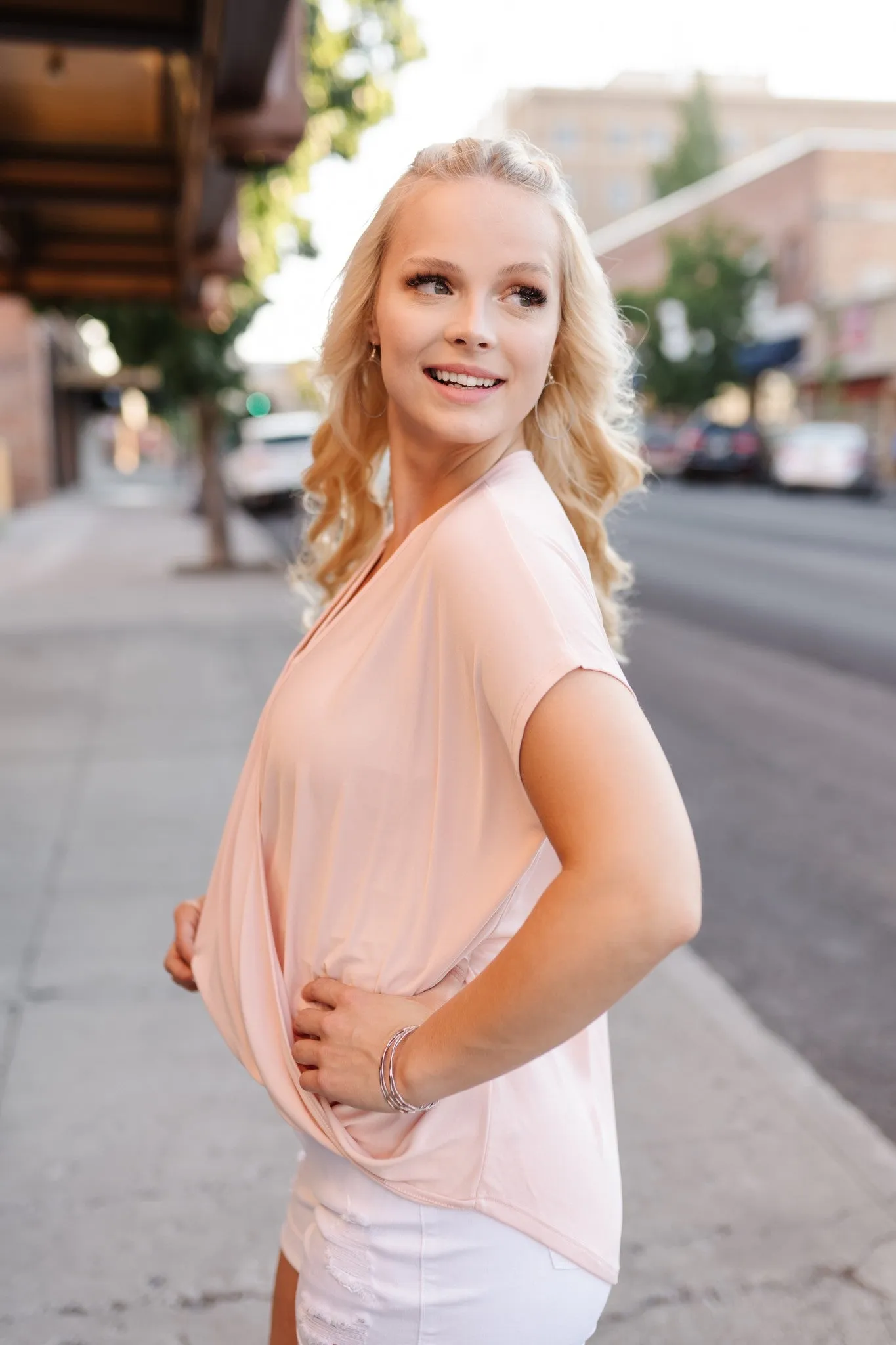 Stay Fancy Surplice Top In Blush
