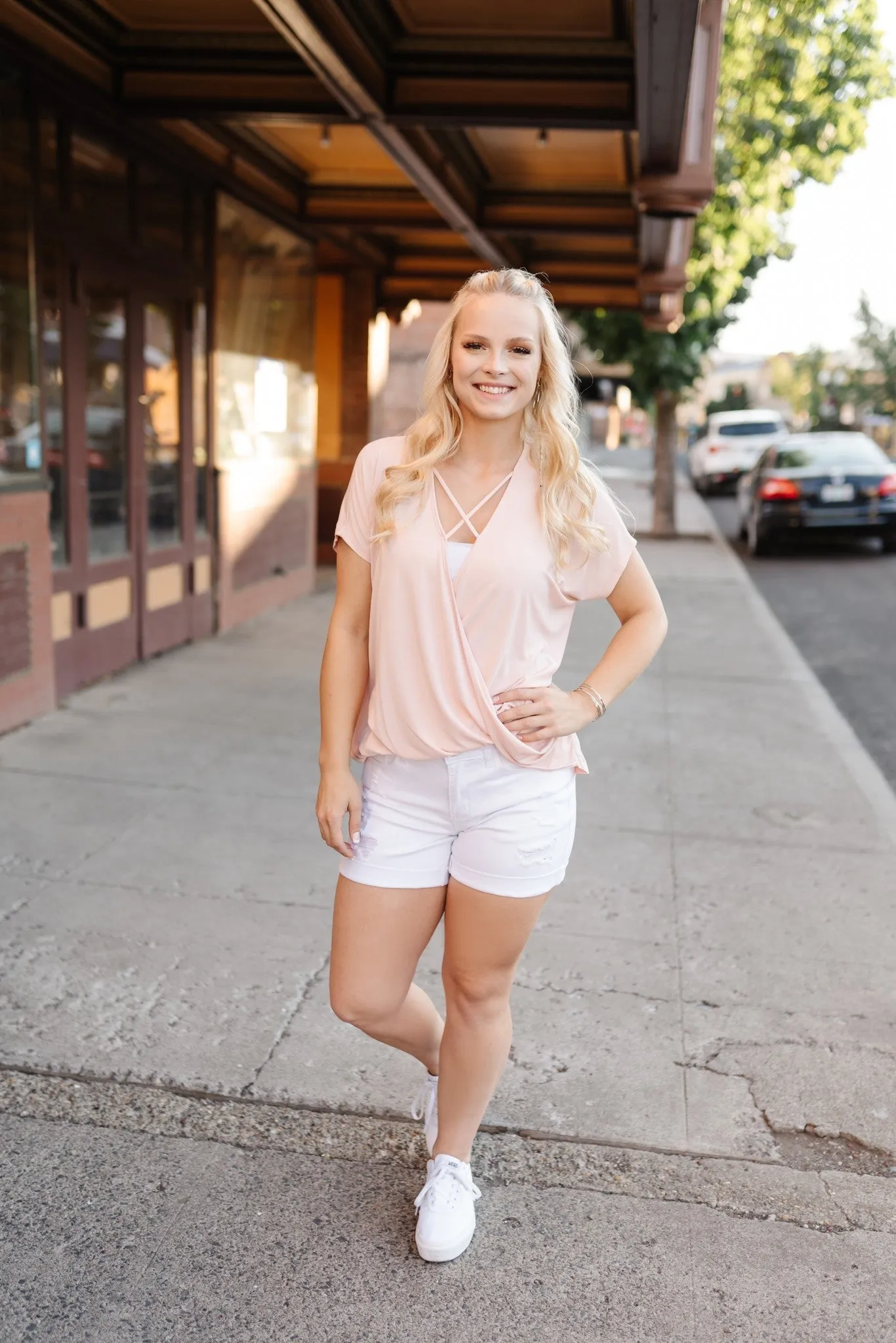 Stay Fancy Surplice Top In Blush
