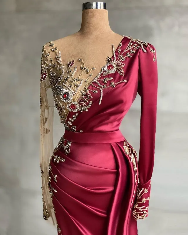 Stylish Satin evening dress with Side Sweep Train | Prom dresses with long sleeves