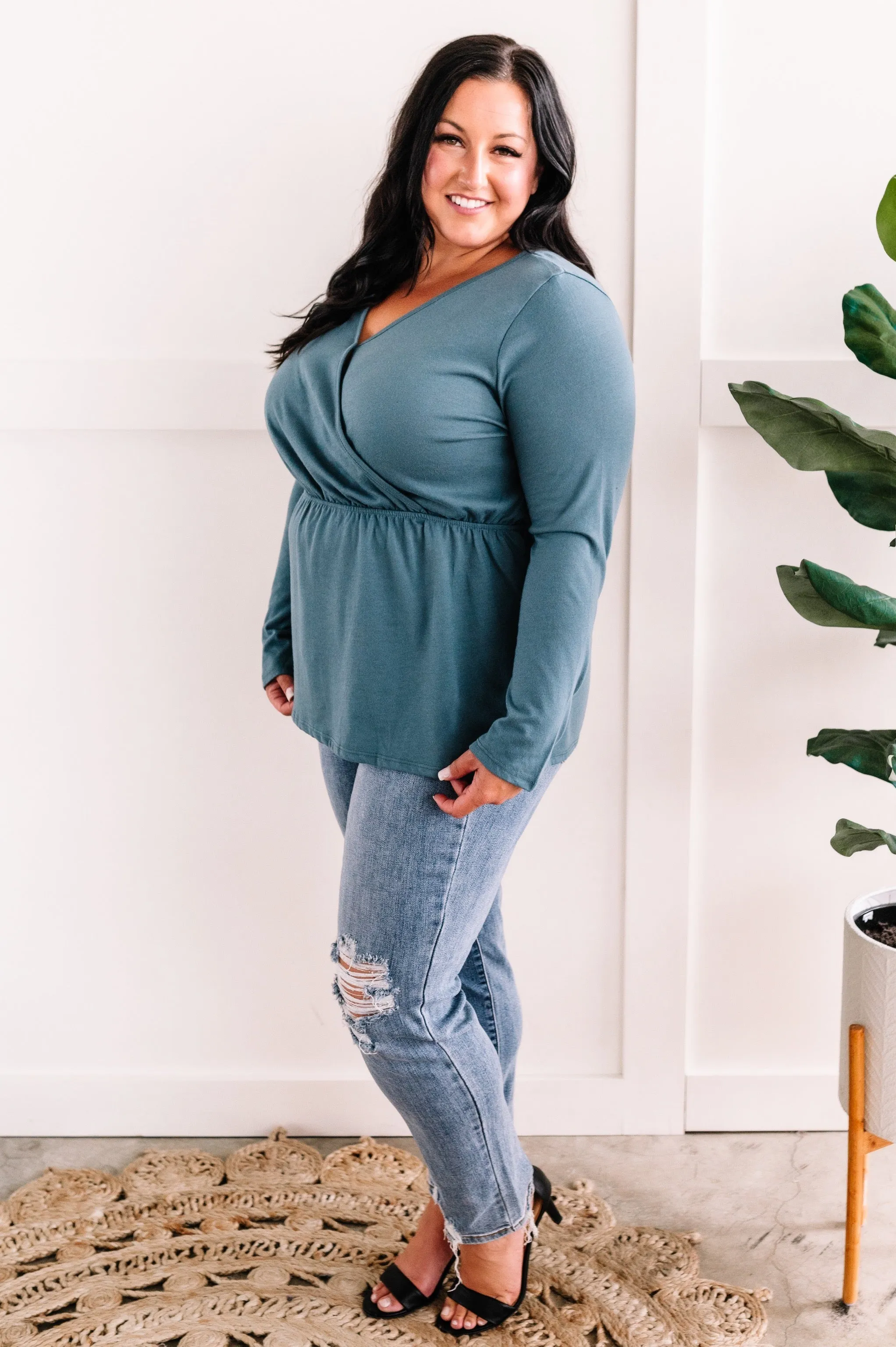 Surplice Long Sleeve Peplum Top In Teal