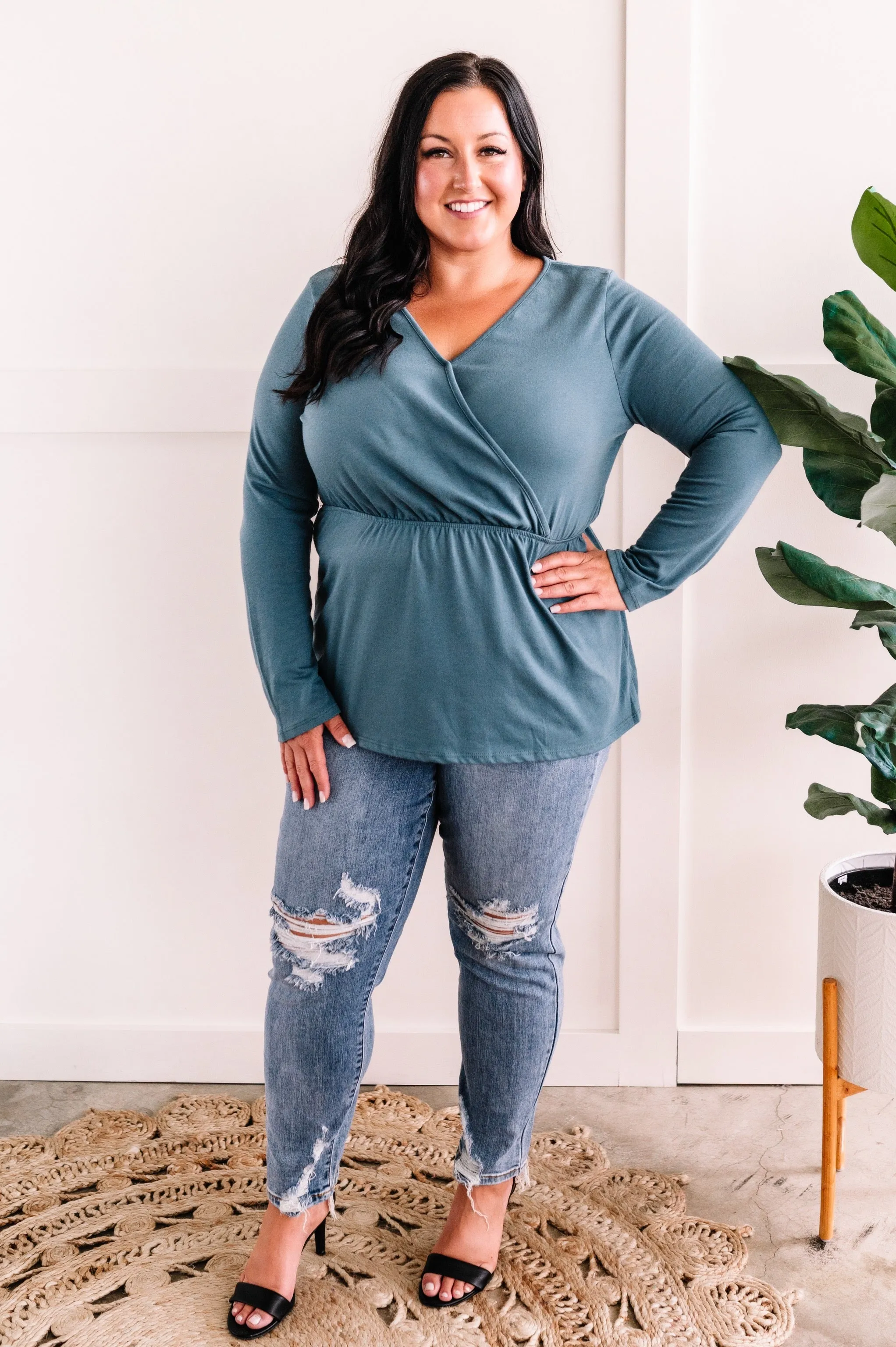 Surplice Long Sleeve Peplum Top In Teal