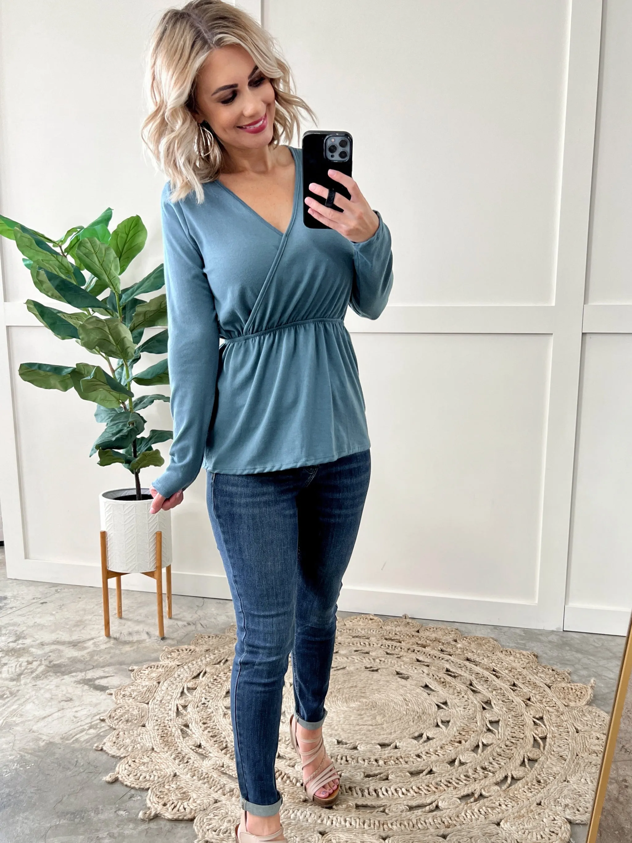 Surplice Long Sleeve Peplum Top In Teal