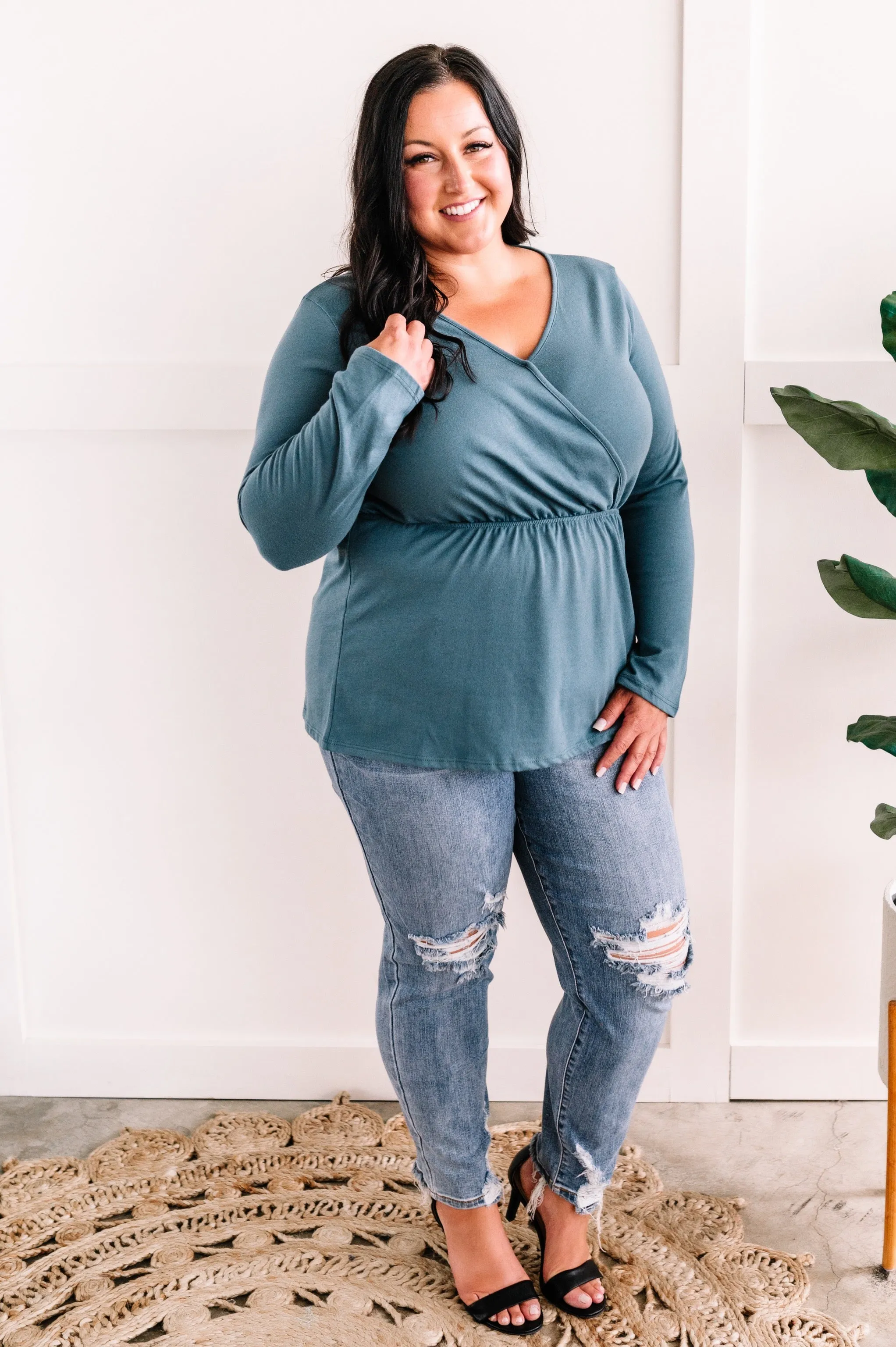 Surplice Long Sleeve Peplum Top In Teal