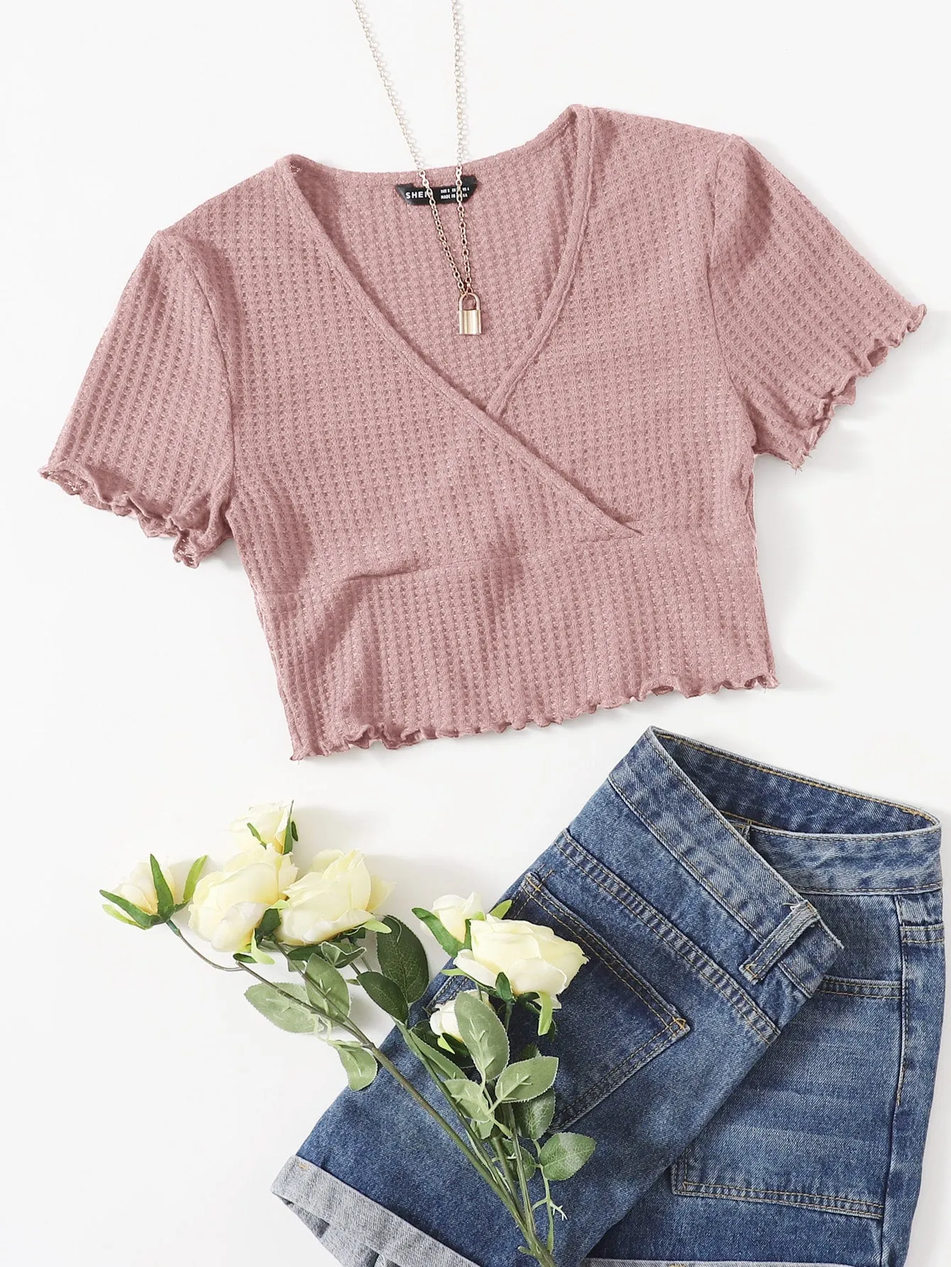 Surplice Neck Lettuce Trim Tee