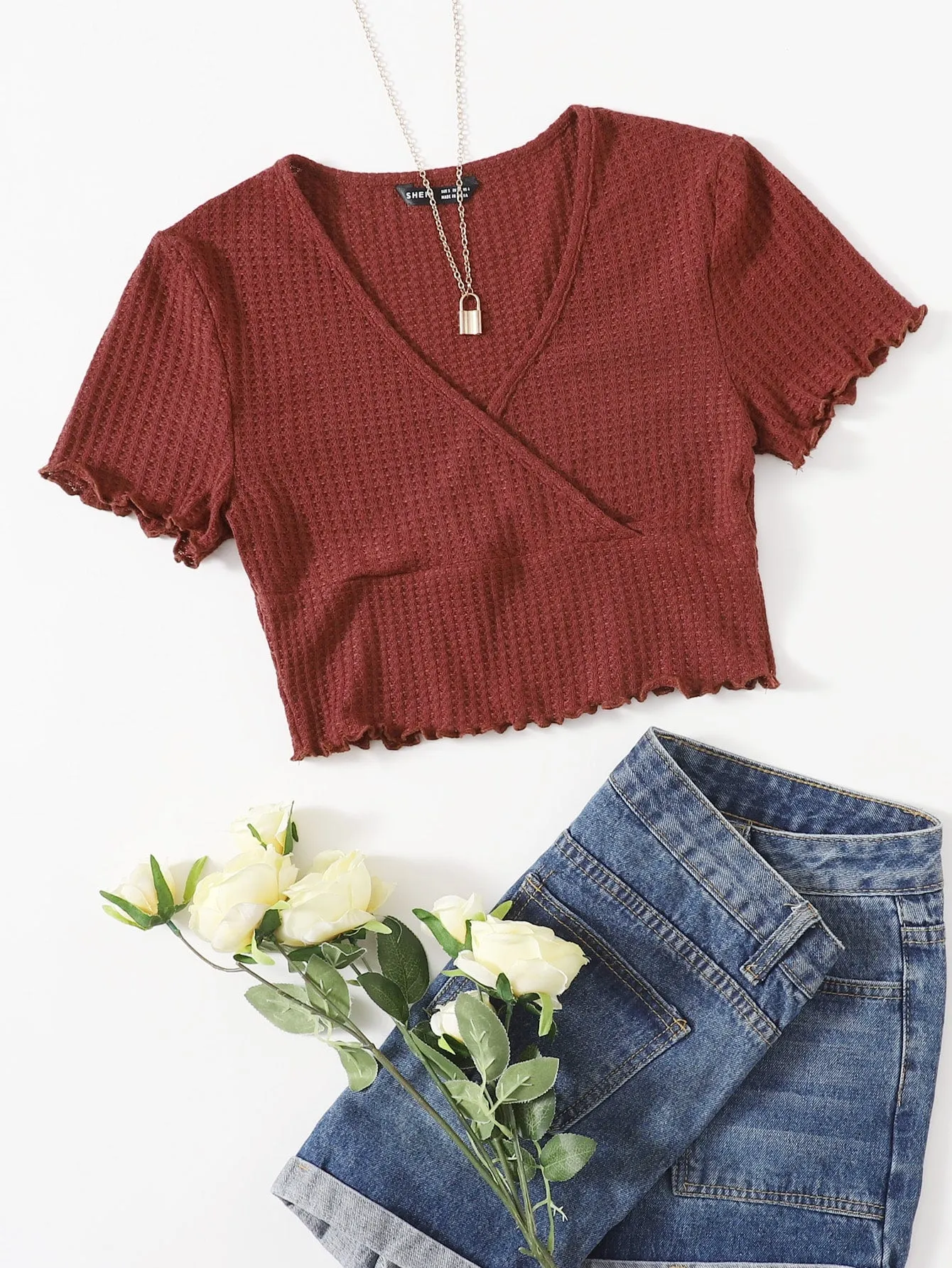 Surplice Neck Lettuce Trim Tee