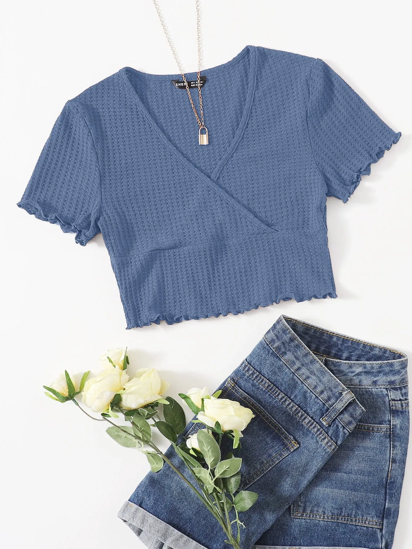 Surplice Neck Lettuce Trim Tee