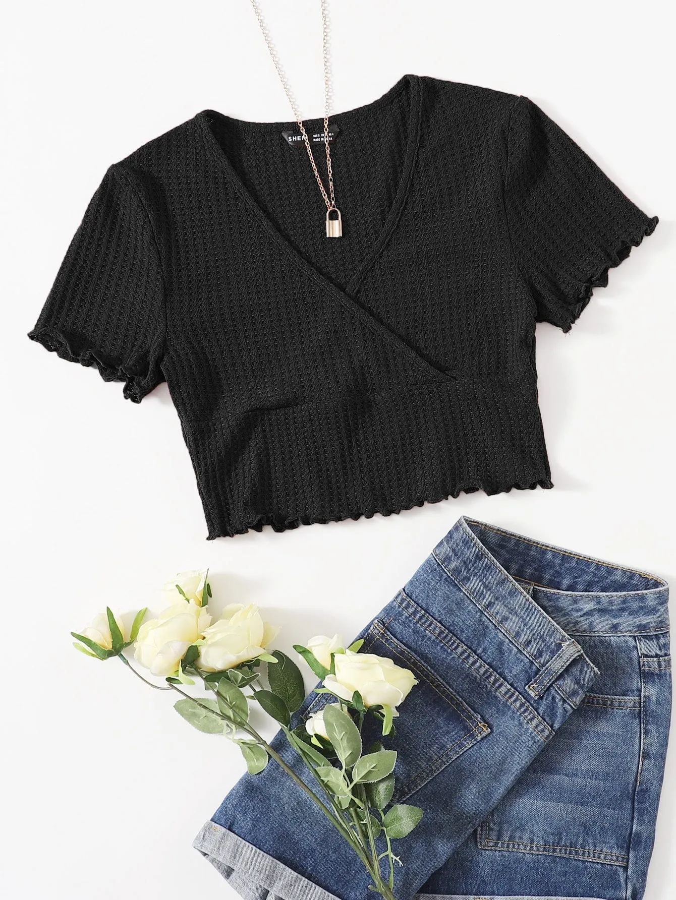 Surplice Neck Lettuce Trim Tee
