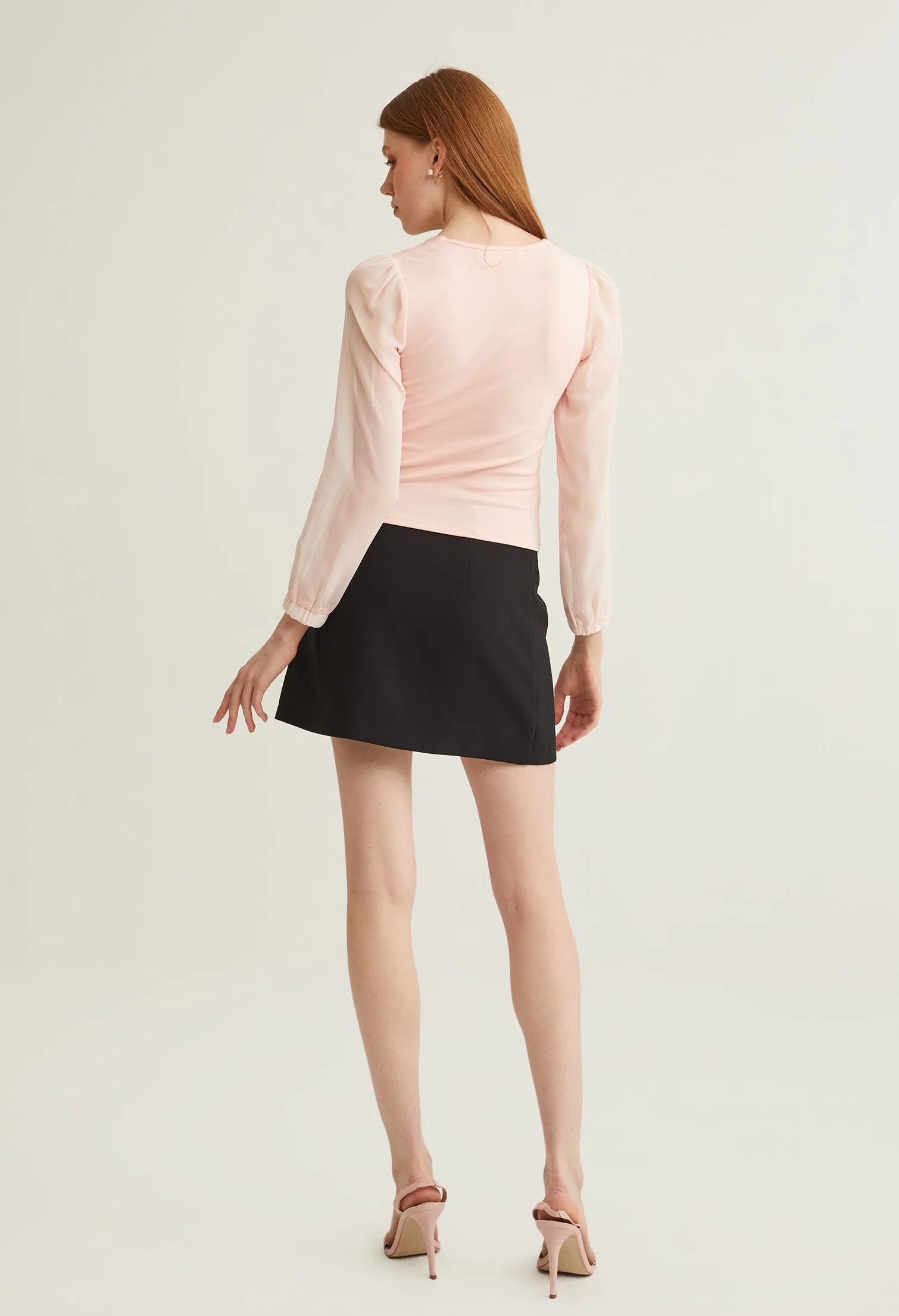 Sweetheart Cinched Waist Long Sleeves Top