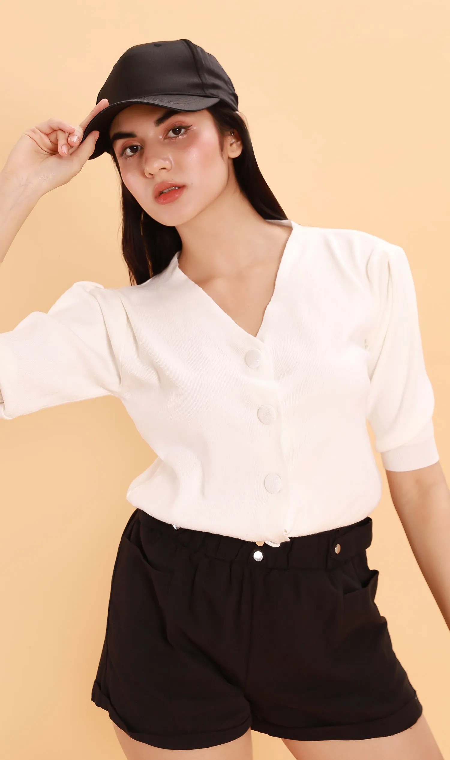 SYLVIE Knit Button-Down Cardi (White)