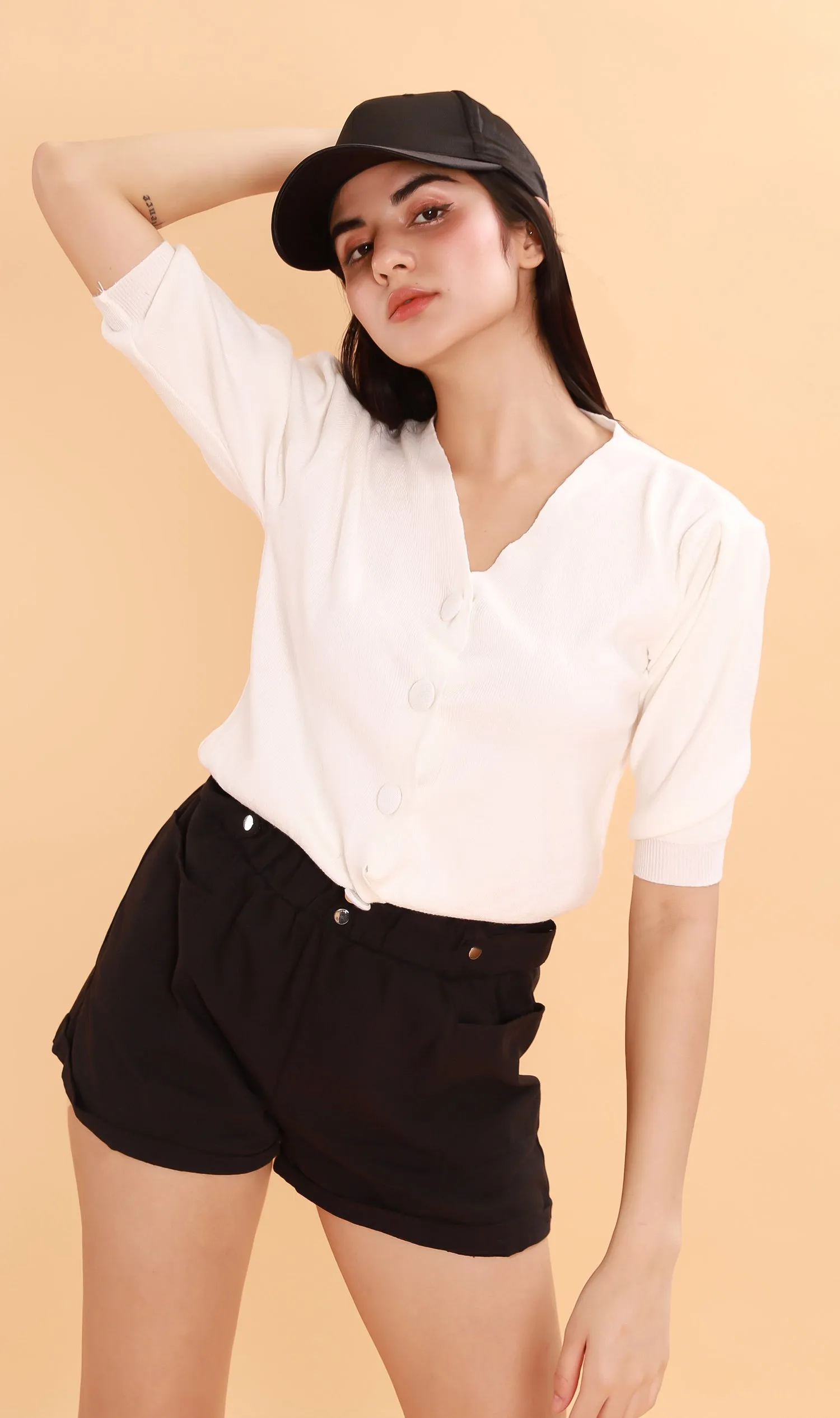 SYLVIE Knit Button-Down Cardi (White)