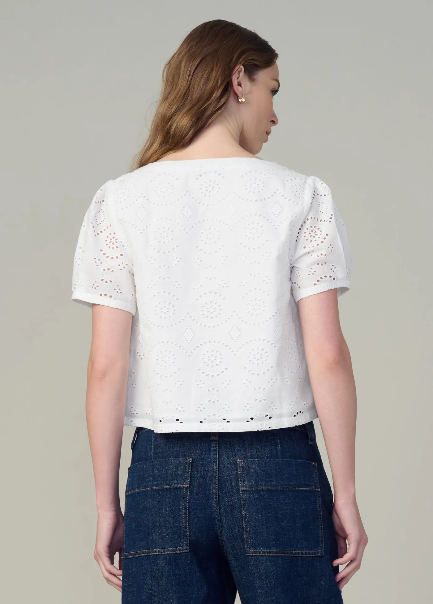 THE HALLE SHORT SLEEVE EYELET BLOUSE