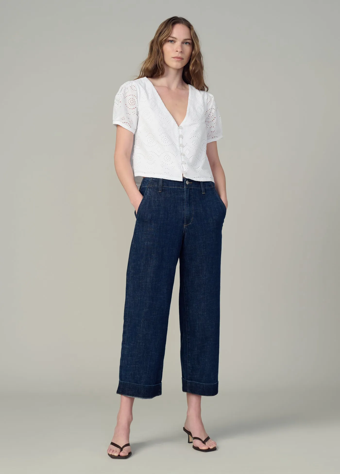 THE HALLE SHORT SLEEVE EYELET BLOUSE