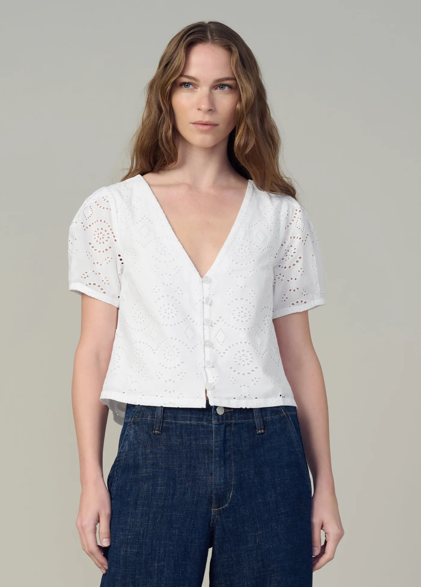 THE HALLE SHORT SLEEVE EYELET BLOUSE
