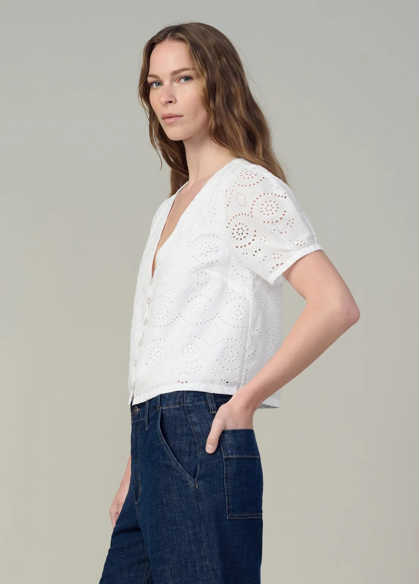 THE HALLE SHORT SLEEVE EYELET BLOUSE