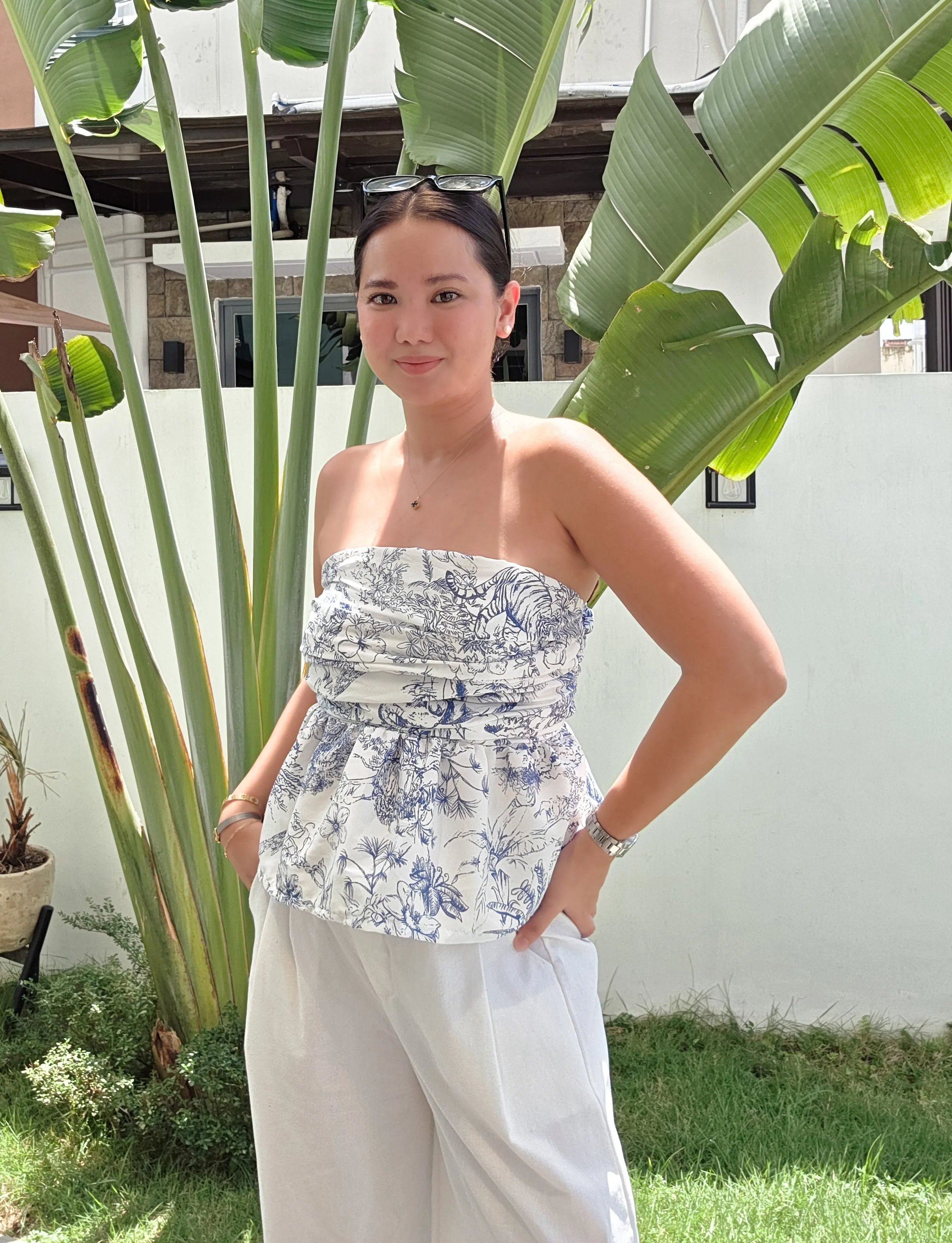 Toile Ruched Peplum Tube Top