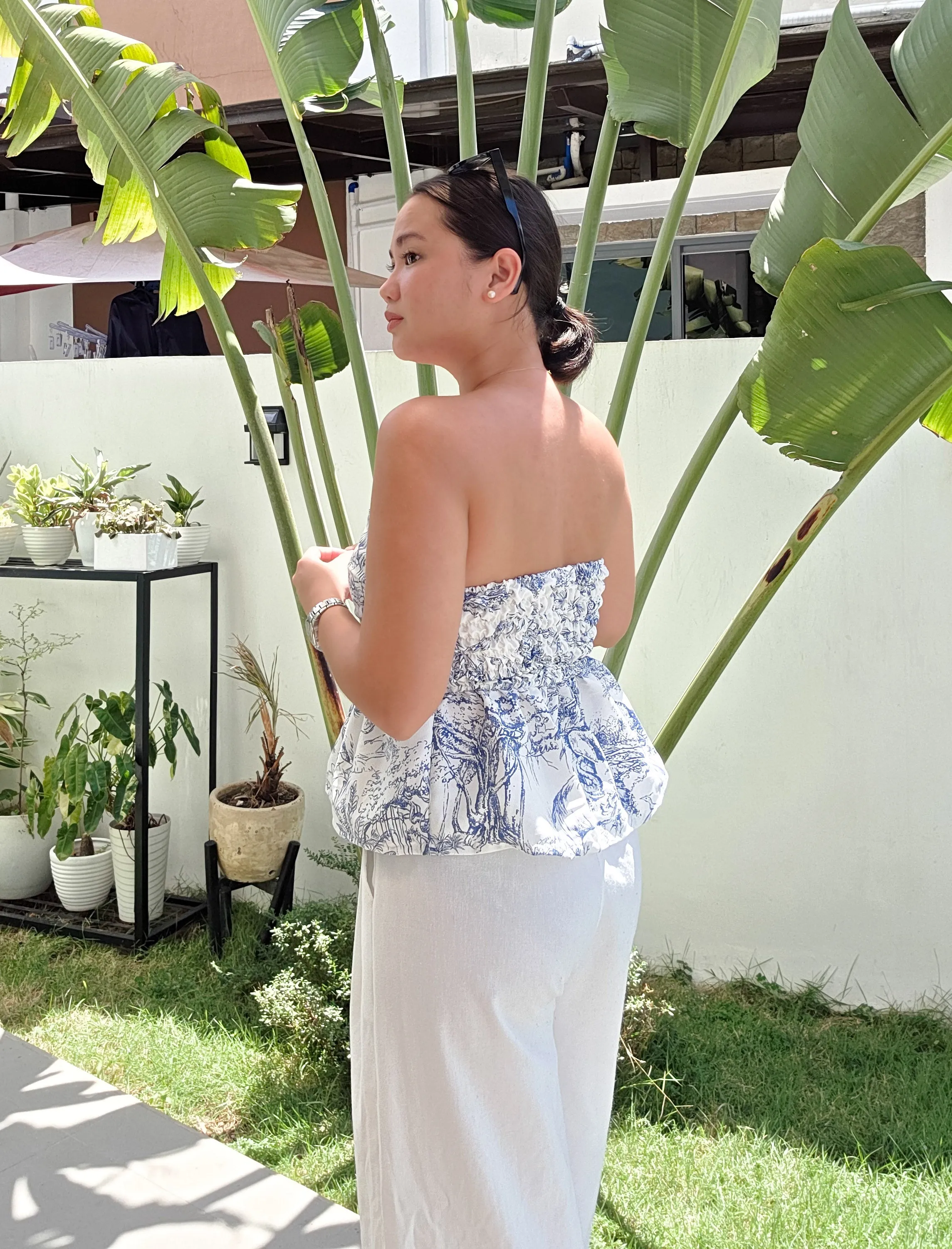 Toile Ruched Peplum Tube Top