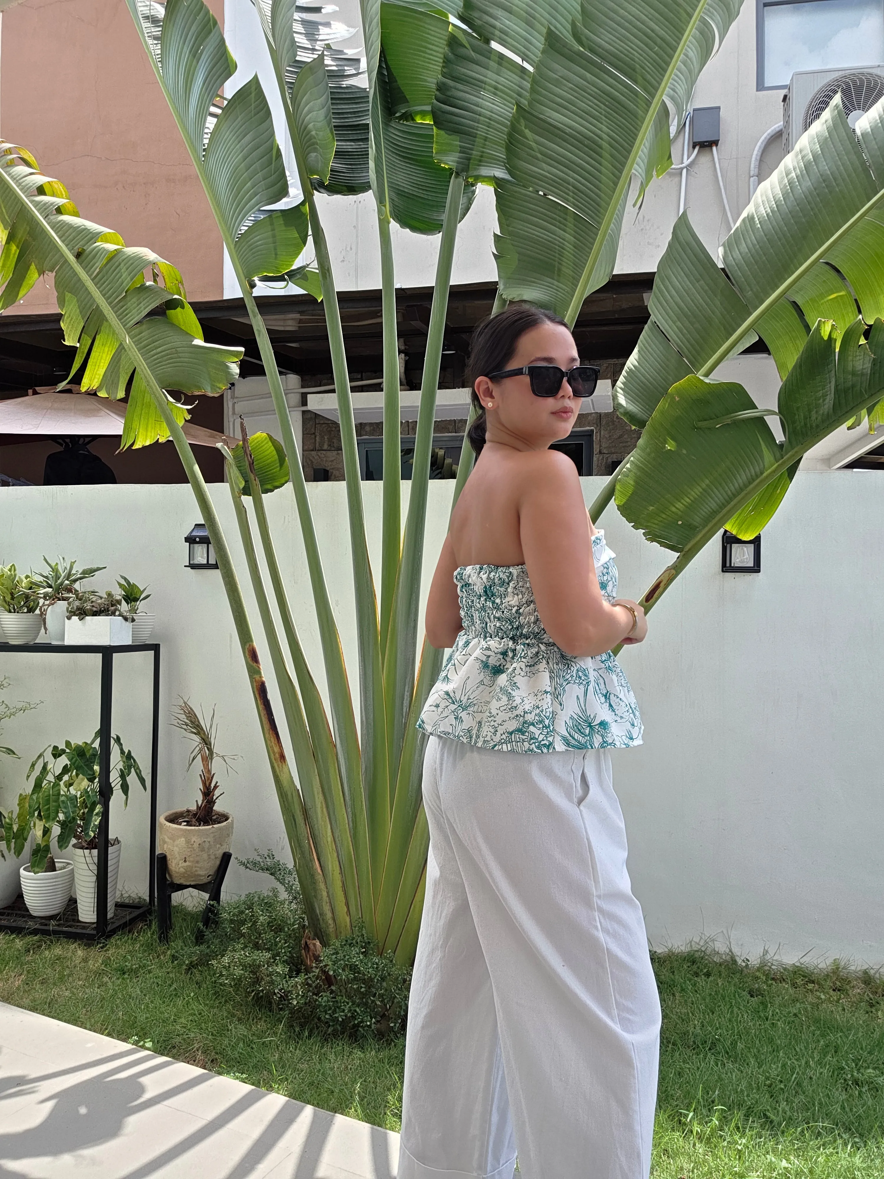 Toile Ruched Peplum Tube Top