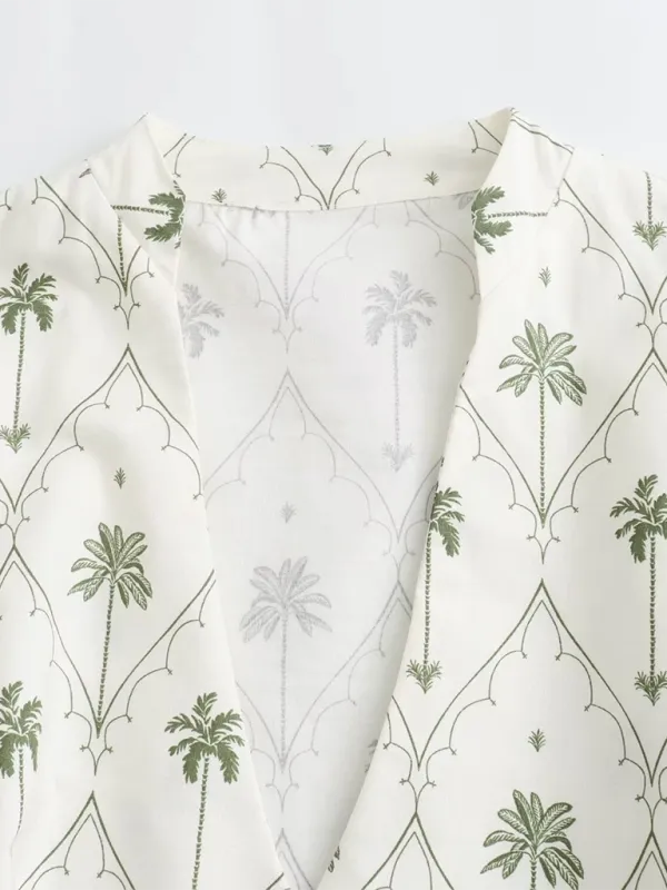 Tropical Print A-Line Dress with Bubble Sleeves and Belt