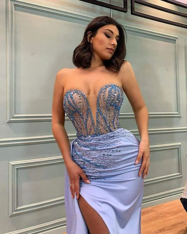 Tube top sequin sexy slit long dresses
