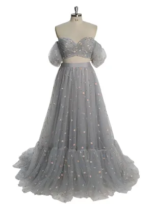Tulle with Embroidered Woman 2 Pieces Set Maxi Gown Elastic Waist Photo Shoots Dress YW231030