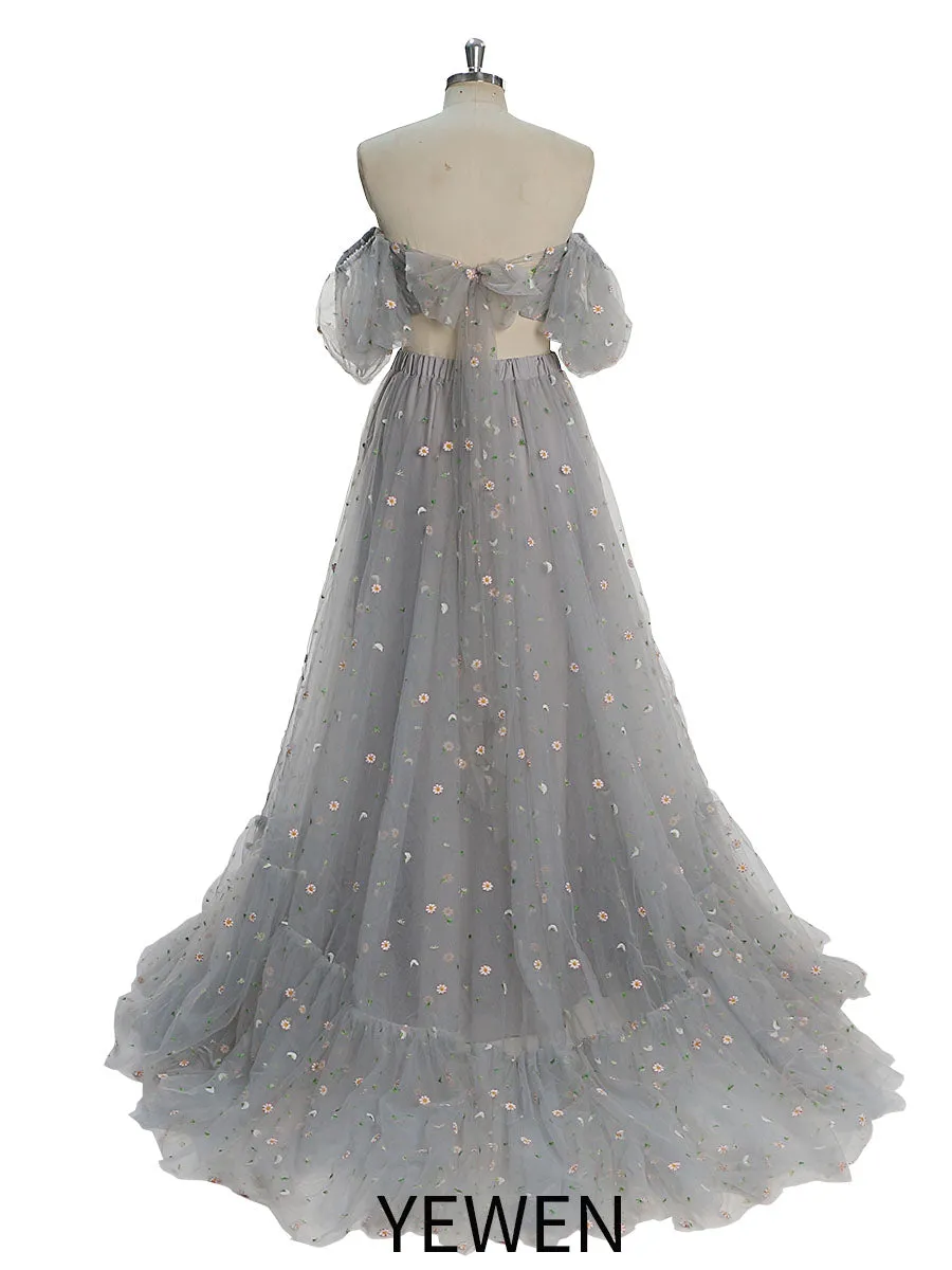 Tulle with Embroidered Woman 2 Pieces Set Maxi Gown Elastic Waist Photo Shoots Dress YW231030