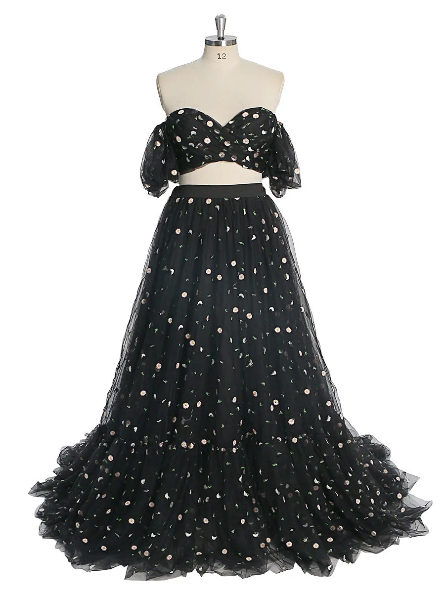 Tulle with Embroidered Woman 2 Pieces Set Maxi Gown Elastic Waist Photo Shoots Dress YW231030