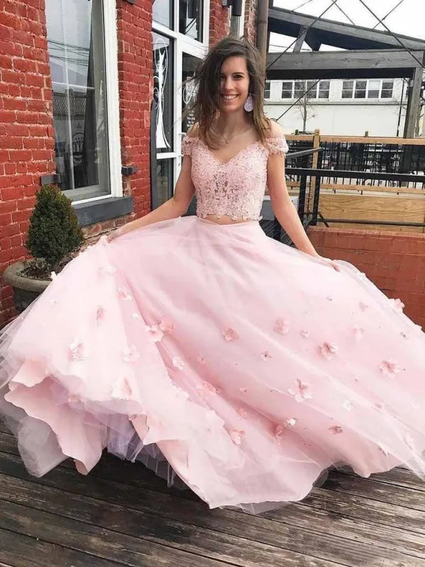Two Off the Shoulder Tulle Prom with Lace A Line 2 Piece Long Formal Dress