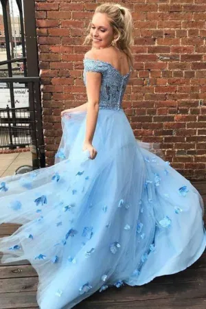 Two Off the Shoulder Tulle Prom with Lace A Line 2 Piece Long Formal Dress