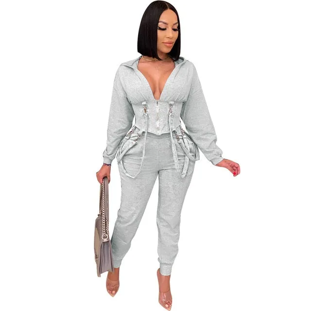 Two Piece Set Long Sleeve Zipper Short Hooded Jacket Casual Pants Female Home Tracksuit Jogger Suit