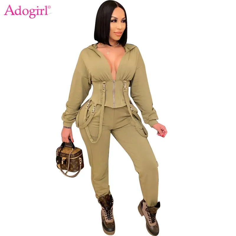 Two Piece Set Long Sleeve Zipper Short Hooded Jacket Casual Pants Female Home Tracksuit Jogger Suit